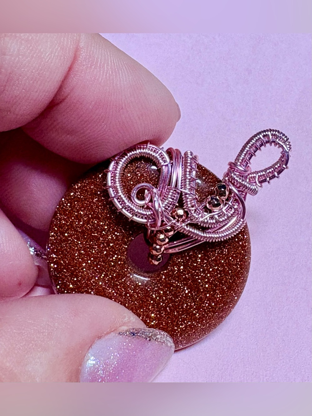 🌸Handcrafted Gold Sand donut shaped stone pink Wire-Wrapped Pendant